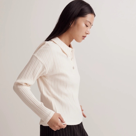Madewell Ribbed Long Sleeve Polo Shirt Women's Medium Cream Boxy Preppy Academia - Picture 2 of 11